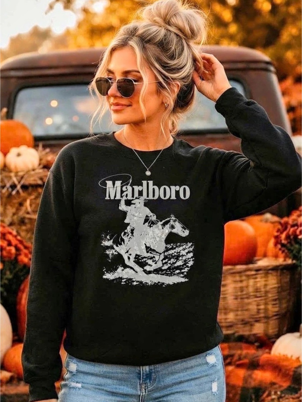 Marlboro Country Cowboy Black Sweatshirt Unisex Horse Rodeo Crewneck Jumper